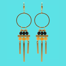 Load image into Gallery viewer, Art Deco Brass + Goldstone Statement Earrings