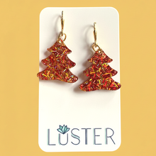 Load image into Gallery viewer, Red Tinsel Holiday Tree Earrings