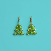 Load image into Gallery viewer, Green Confetti Holiday Tree Earrings