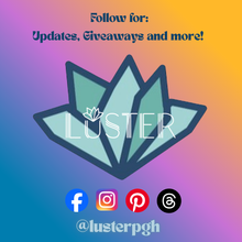 Load image into Gallery viewer, Promotional graphic for Luster with social media icons and text on a gradient background