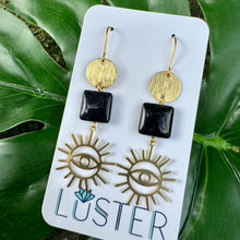 Load image into Gallery viewer, Celestial Brass and Goldstone Statement Earrings
