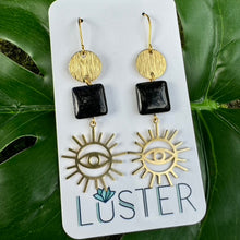 Load image into Gallery viewer, Celestial Brass and Goldstone Statement Earrings
