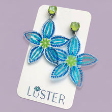 Load image into Gallery viewer, Floral earrings on a Luster branded card against a pale purple background
