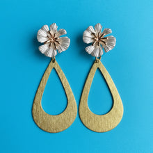 Load image into Gallery viewer, Hibiscus Flower + Brass Teardrop Unique Earrings
