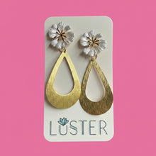Load image into Gallery viewer, Hibiscus Flower + Brass Teardrop Unique Earrings
