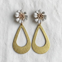 Load image into Gallery viewer, Hibiscus Flower + Brass Teardrop Unique Earrings
