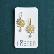 Load image into Gallery viewer, A pair of gold dangle earrings with starburst cutout designs and small icy blue stone drops, displayed on a white Luster brand card against a dark teal textured background.
