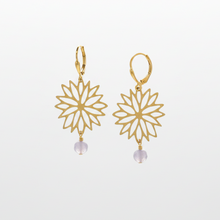 Load image into Gallery viewer, A pair of gold leverback dangle earrings featuring a geometric sunburst filigree design and a small round ice blue stone bead hanging below, set against a clean white background.

