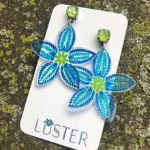 Load image into Gallery viewer, Blue floral earrings on a Luster branded card against a textured background
