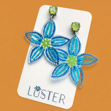 Load image into Gallery viewer, Floral earrings on a Luster branded card against an orange background
