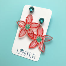 Load image into Gallery viewer, Floral earrings on a Luster branded card against an aqua background
