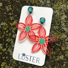 Load image into Gallery viewer, Floral earrings on a Luster branded card against a textured background
