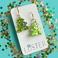 Load image into Gallery viewer, Green Confetti Holiday Tree Earrings
