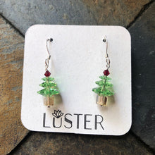 Load image into Gallery viewer, Crystal tree earrings in green with red top and brown cube bottom. Sterling silver hook earwires. 
