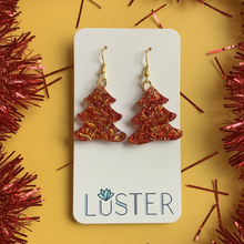 Load image into Gallery viewer, Red Tinsel Holiday Tree Earrings
