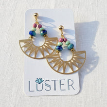 Load image into Gallery viewer, Gold earrings with colorful beads on a Luster branded card against a white linen background
