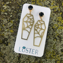 Load image into Gallery viewer, Brass Cobweb Coffin Earrings
