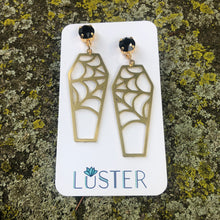 Load image into Gallery viewer, Brass Cobweb Coffin Earrings
