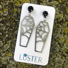 Load image into Gallery viewer, Silver Cobweb Coffin Earrings
