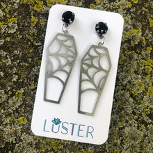 Load image into Gallery viewer, Silver Cobweb Coffin Earrings
