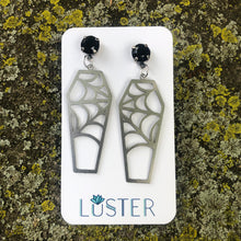 Load image into Gallery viewer, Silver Cobweb Coffin Earrings
