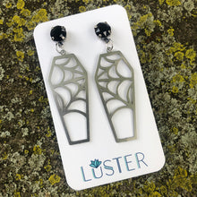 Load image into Gallery viewer, Silver Cobweb Coffin Earrings
