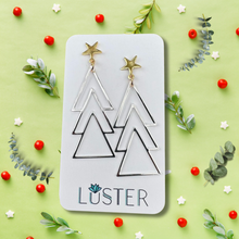 Load image into Gallery viewer, Triangular earrings on a Luster branded card with decorative elements on a light green background

