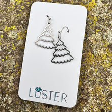 Load image into Gallery viewer, A pair of silver-colored stainless steel earrings in the shape of snowy trees, displayed on a white card with the brand name 'LUSTER' written at the bottom.
