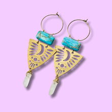 Load image into Gallery viewer, Gold Brass + Stone Lightweight Statement Unique Earrings
