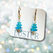 Load image into Gallery viewer, Teal Holiday Tree Earrings
