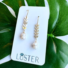 Load image into Gallery viewer, Brass + Pearl Arrow Drop Earrings
