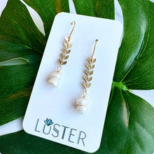 Load image into Gallery viewer, Brass + Pearl Arrow Drop Earrings
